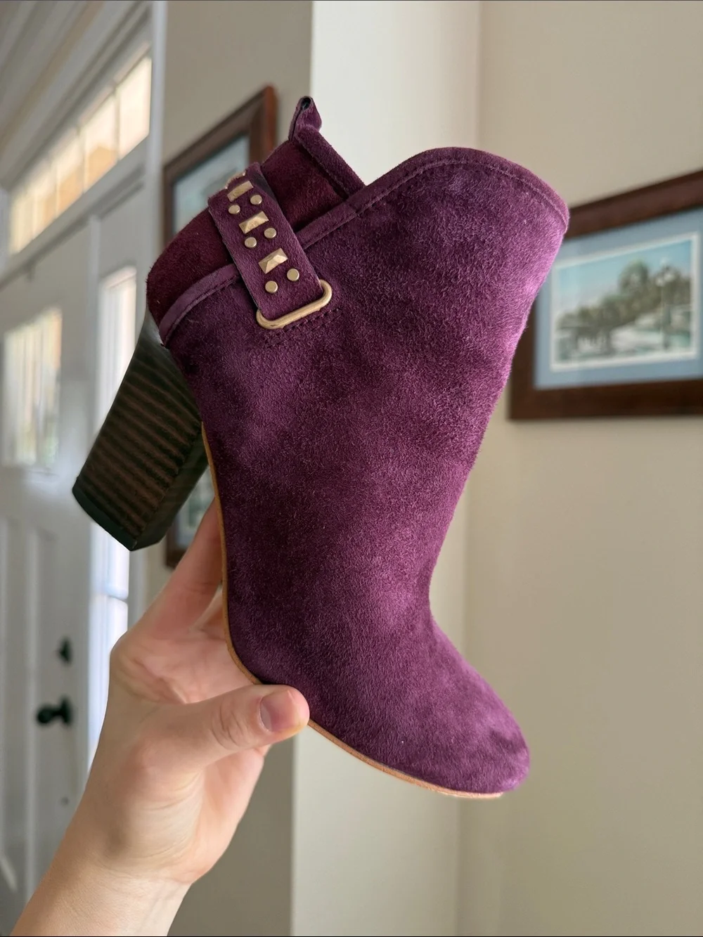 Anthropologie Plum Purple Suede Block Heel Ankle Boots